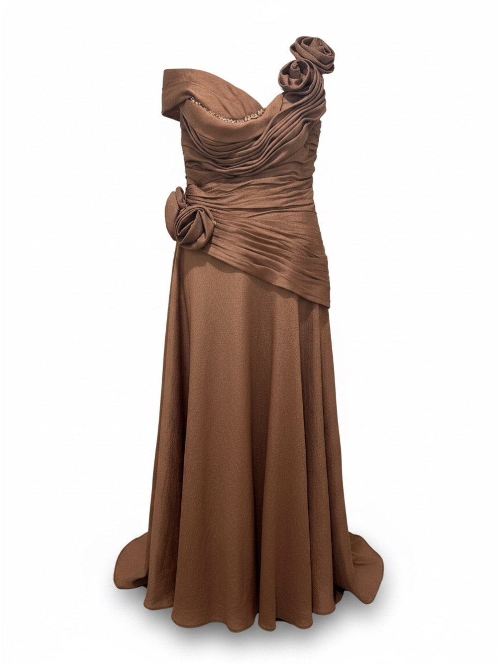 MNM Couture One-Shoulder Chocolate Brown Rosette Gown